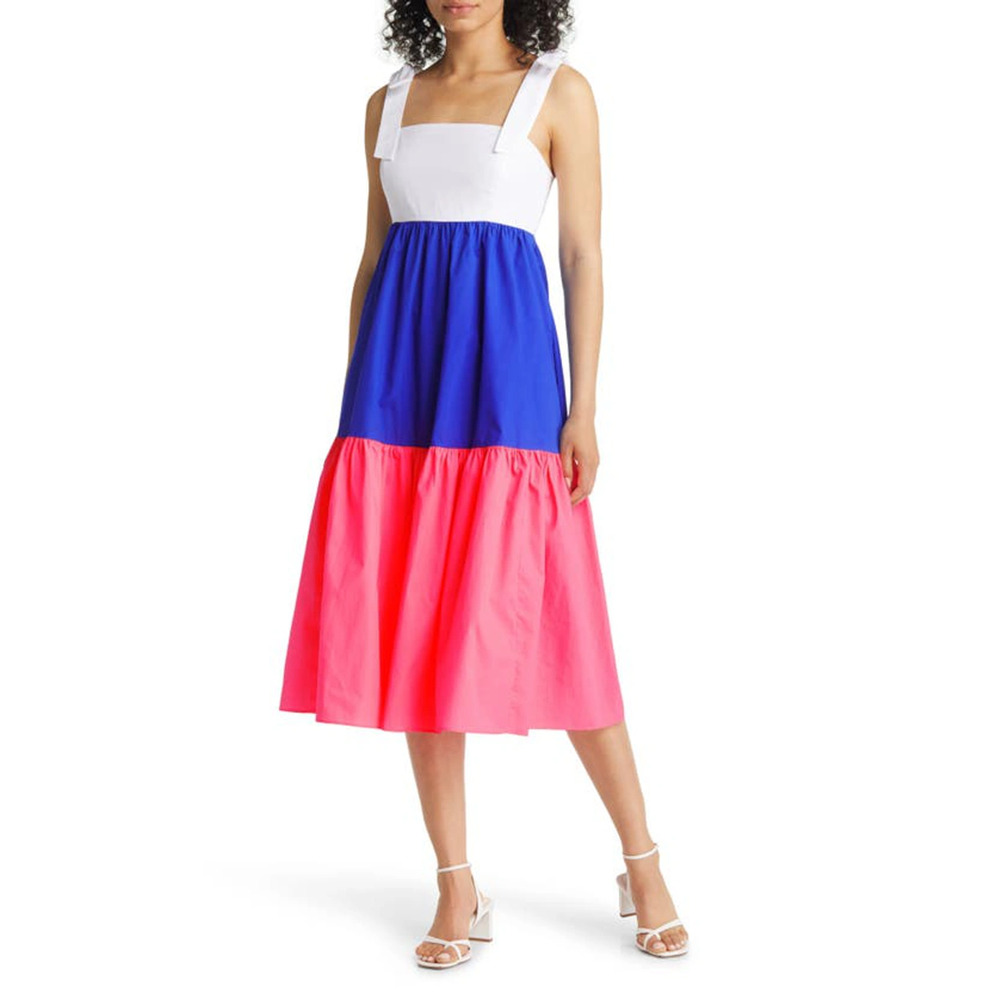 Lilly Pulitzer Colorblock White Blue Pink Tiered Midi Dress